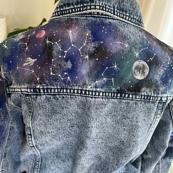 Galaxy Hand Painted Vintage Retro Denim Jean Jacket S/M - Picture 2 of 13